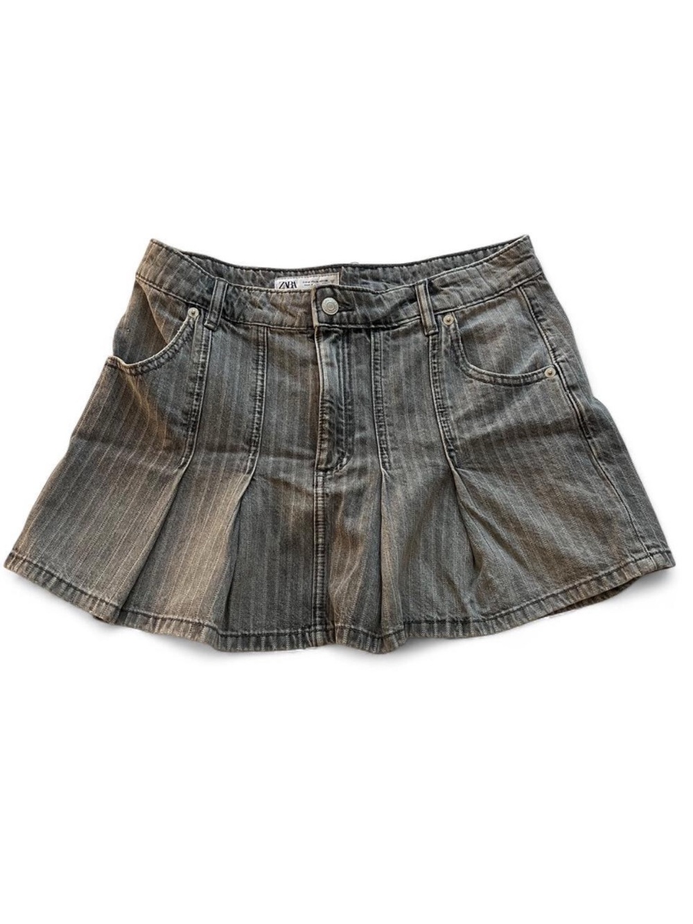 Zara gray pinstripe pleated denim mini skirt size Medium